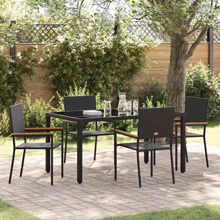 Set da pranzo per giardino vidaXL in polyrattan nero e marrone con tavolo in vetro e legno di acacia, 5 pezzi