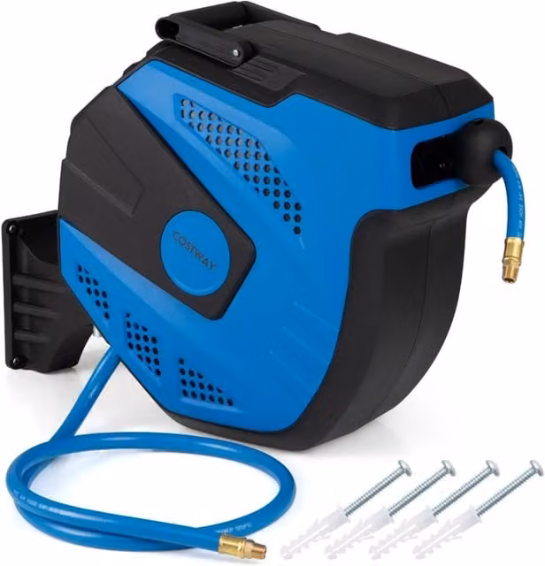 Avvolgitore retrattile Design Mania con tubo aria ibrido da 15 m e tubo di collegamento da 1,5 m, blu e nero