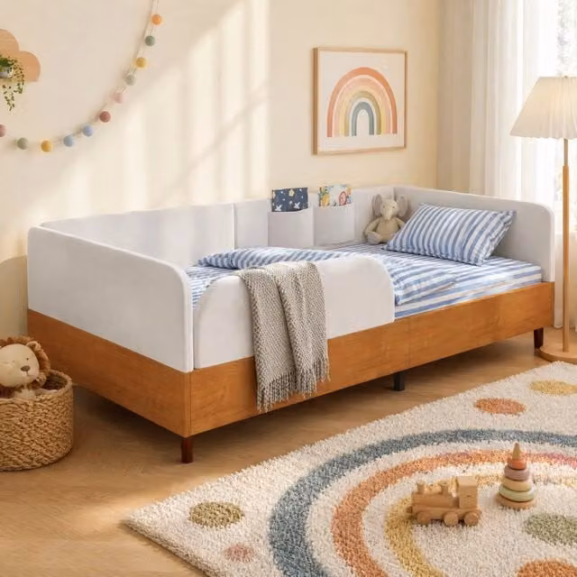 Letto singolo imbottito per bambini 90x200 cm in velluto bianco con 2 tasche portaoggetti