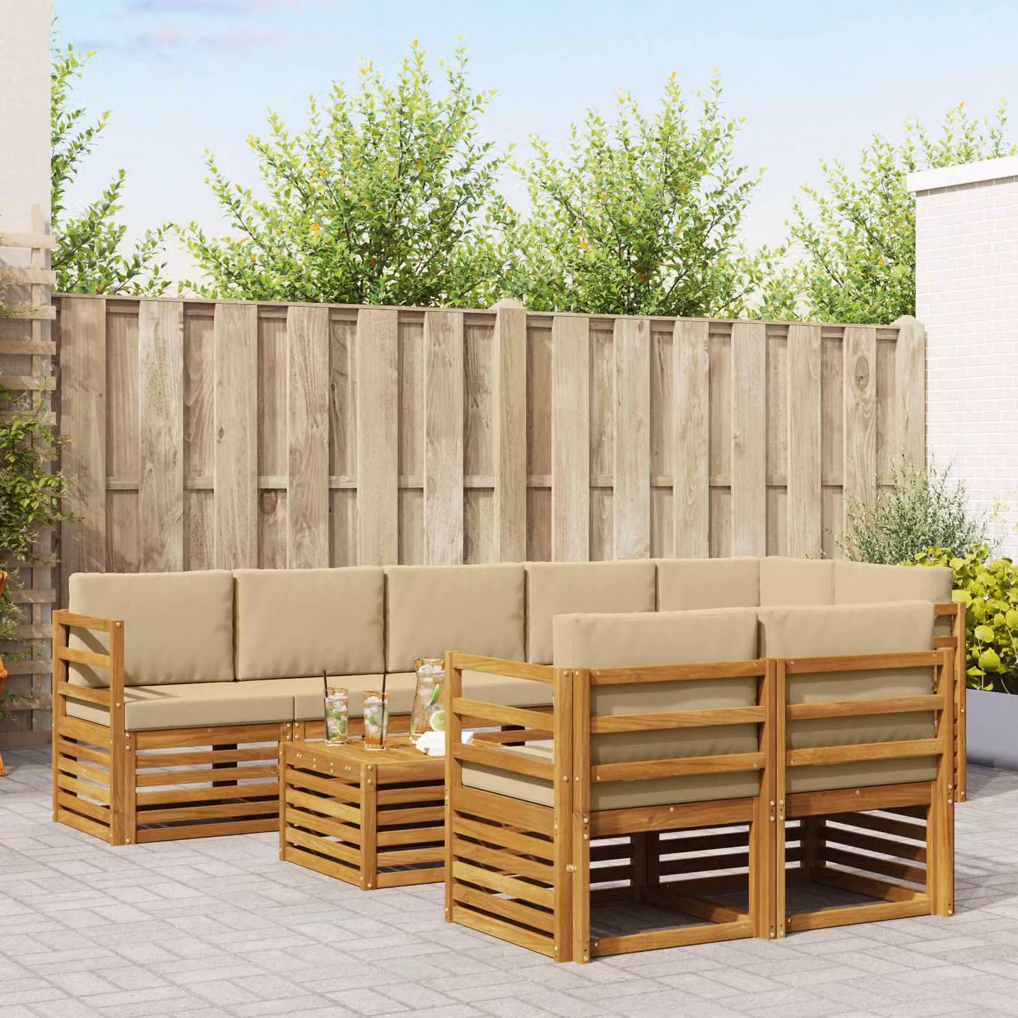 Set di divani da esterno vidaXL a forma di U composto da 9 pezzi in legno di acacia con cuscini beige e marrone