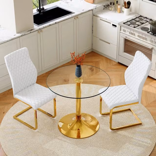 Set tavolo rotondo in vetro e 2 sedie bianco oro