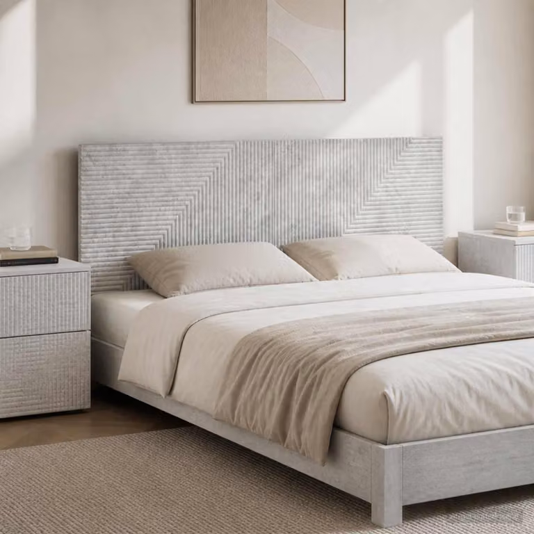 Testiera da muro vidaXL HAARLEM in tessuto grigio con ripiano integrato e pannello imbottito in legno ingegnerizzato L: 160 cm, H: 50 cm, P: 3 cm