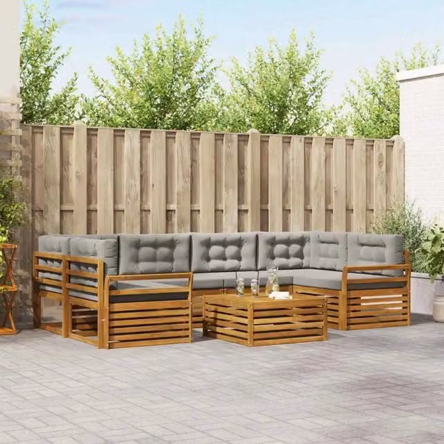 Set di divani da esterno a forma di U vidaXL in legno di acacia con cuscini grigi e tavolino da giardino