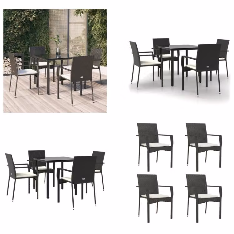 vidaXL Set da pranzo da giardino 5 pezzi con cuscini in poly rattan nero - Set da pranzo da giardino - Set da pranzo da giardino - Set da pranzo da terrazza