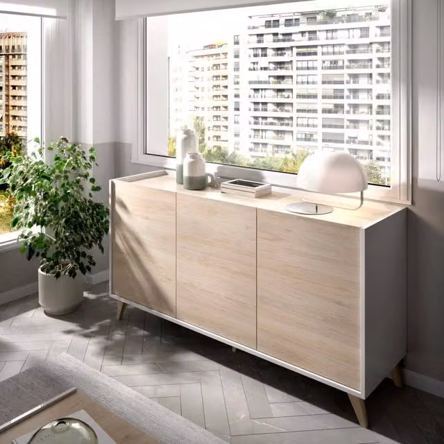 Credenza Afrodite DMORA, Buffet moderno da soggiorno a 3 ante, Rovere e Bianco, L: 155 cm, P: 43 cm, H: 75 cm