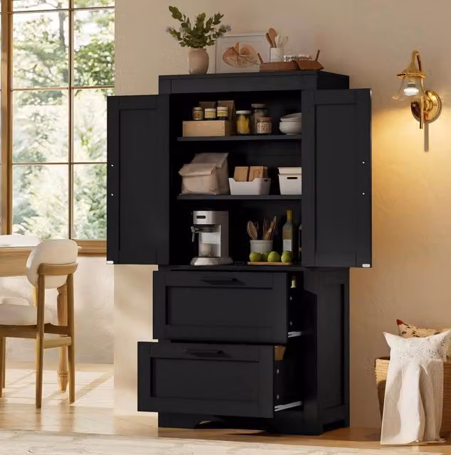 Credenza alta MODFU in stile country nero con 2 cassetti e ripiani interni regolabili, L: 60 cm, P: 30 cm, H: 128 cm