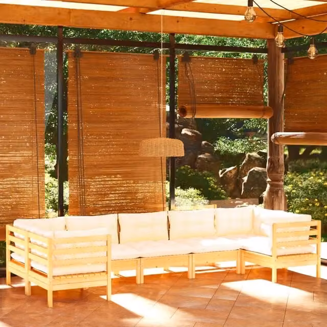 Set Salotto da Giardino 7pz con Cuscini Crema in Legno di Pino 3097307