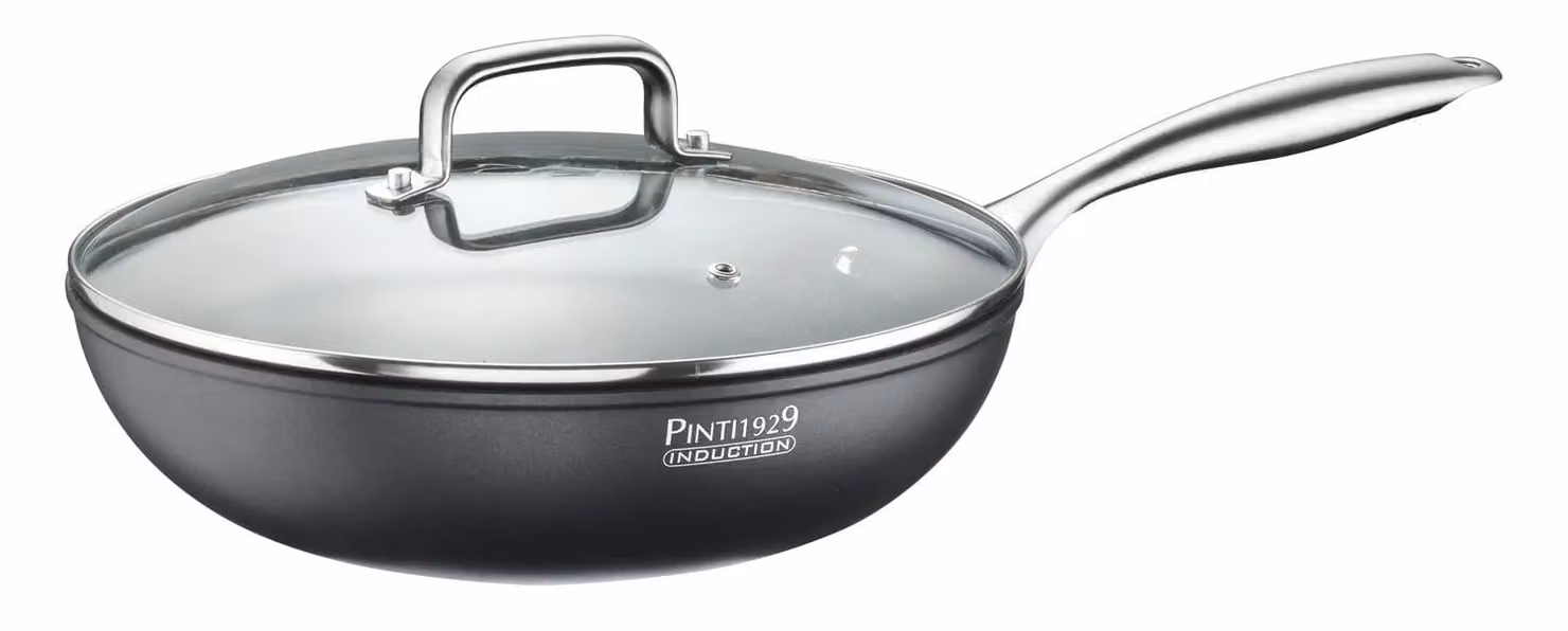 Wok con coperchio in alluminio antiaderente per induzione, linea St1, diam.28cm