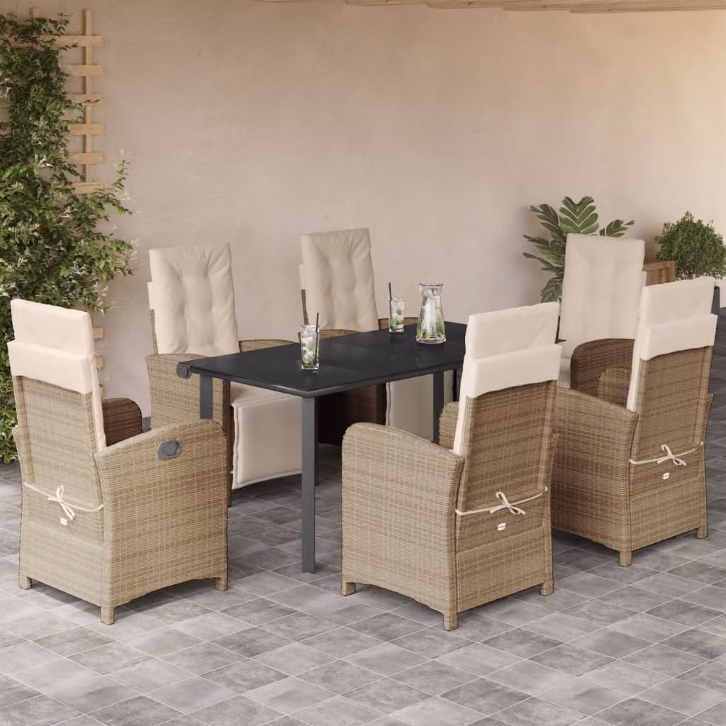 Set da Pranzo da Giardino vidaXL 7 pz in Polyrattan con Cuscini Beige e Piano in Vetro – 1