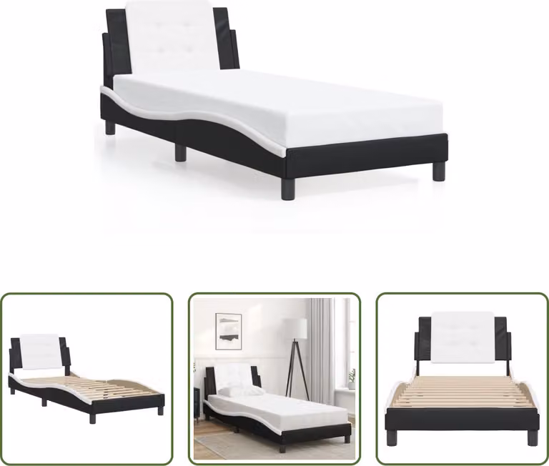 The Living Store Struttura letto con testiera bianca e nera 80x200 cm in ecopelle