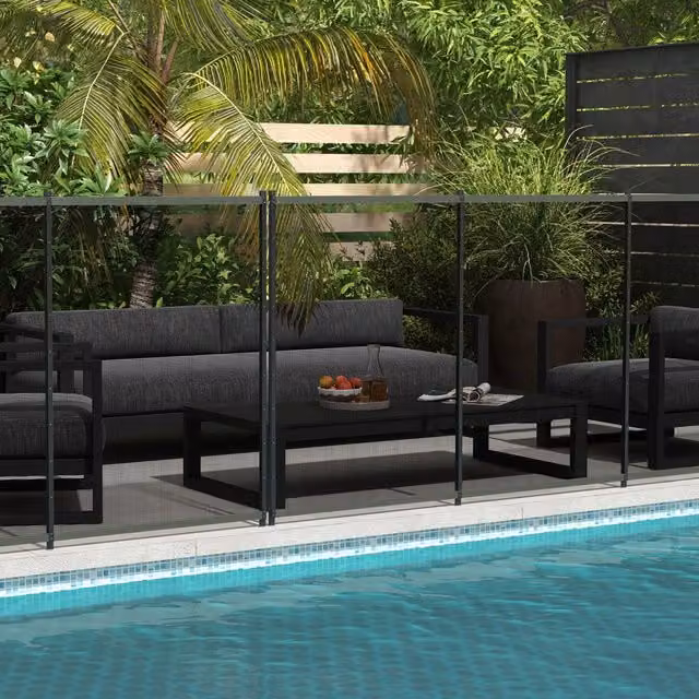 Desviae Recinzione per piscina con 4 pannelli in alluminio nero e rete Texteline 365 × 126 cm per giardino e terrazzo
