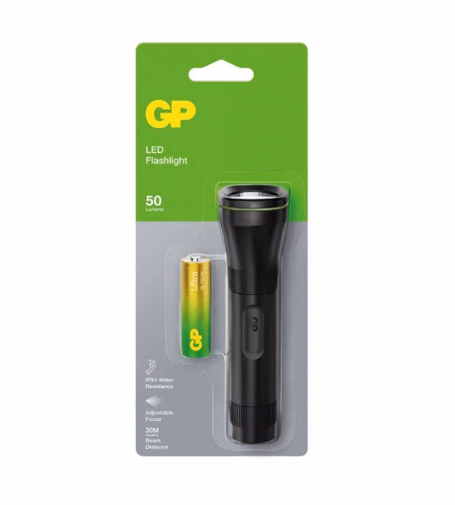 Torcia LED GP Battery C105 nera con fascio luminoso regolabile e 1 batteria AA inclusa