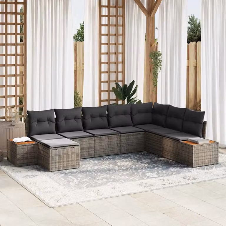 vidaXL Set Divano da Giardino a L in Polyrattan Grigio con 9 Pezzi e Cuscini
