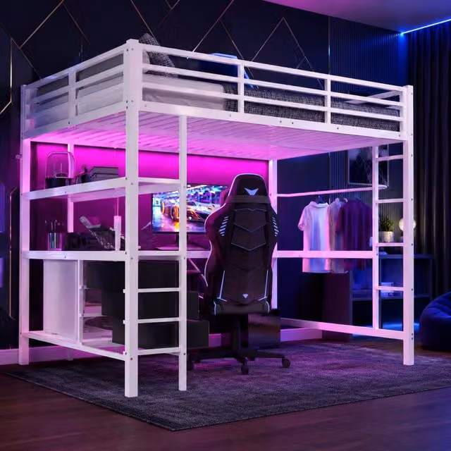 Letto a soppalco ULEVR 140x200 cm con scrivania, LED con telecomando, presa USB e 3 cassetti, bianco