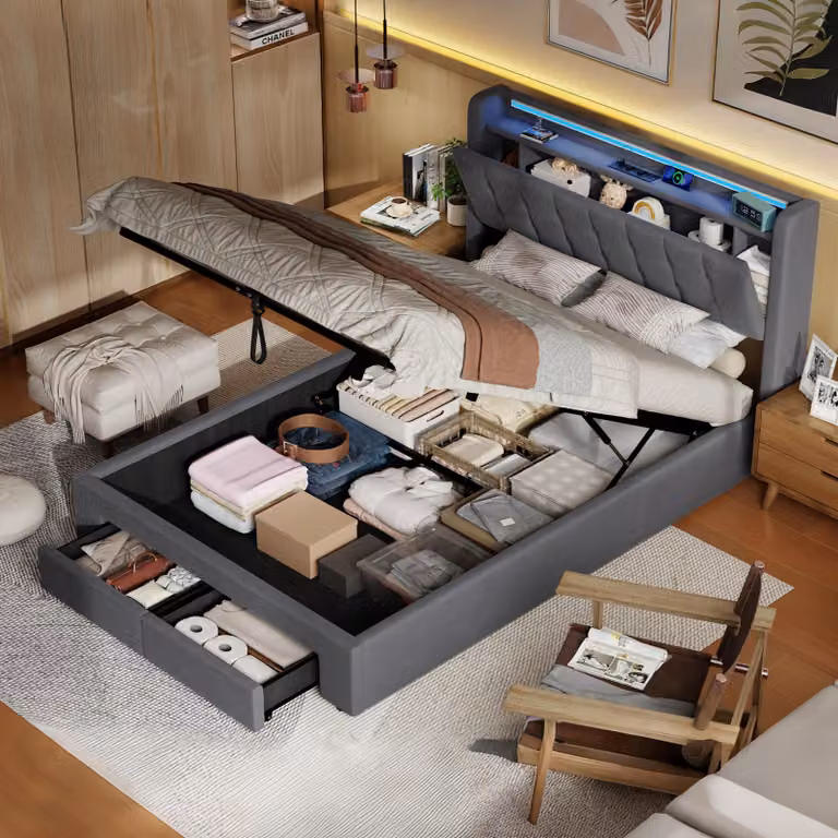 Letto matrimoniale MODFU 140x190, imbottito con spazio contenitore idraulico, letto per ragazzi con cassetti, testiera LED e prese di corrente, struttura del letto senza materasso, colore grigio