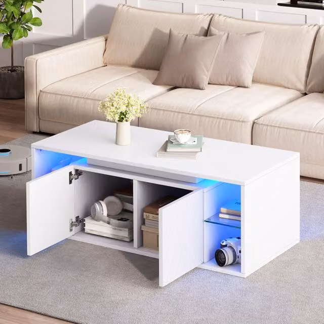 Tavolino da salotto con LED e ante a motivo diagonale 100 x 50 x 41 cm; bianco