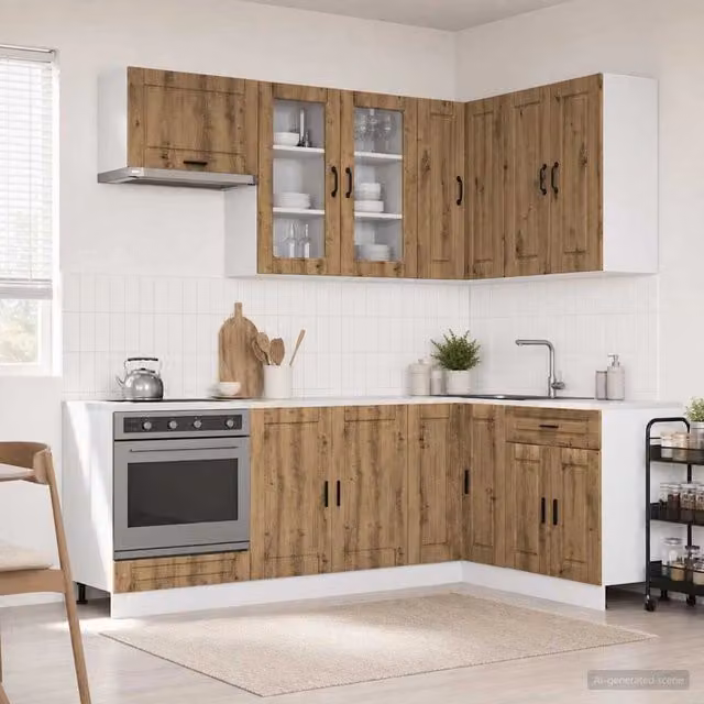 Unità Cucina Moderna vidaXL in Legno Rovere Marrone con Ante in Vetro e Scaffali Aperti 8 Pezzi