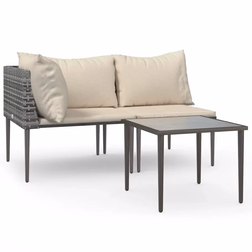 Set da giardino moderno vidaXL composto da divano a 2 posti, elemento angolare, tavolino da caffè e cuscini in beige e grigio con struttura in metallo e rattan – 2