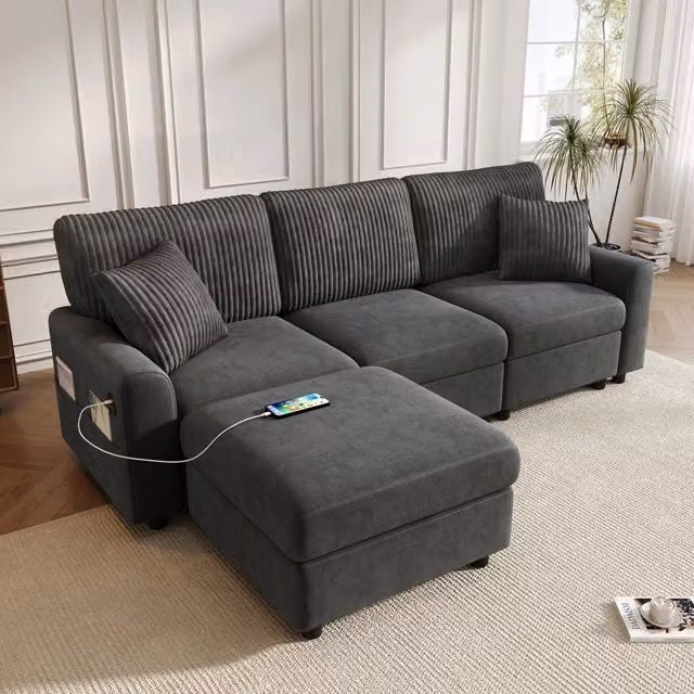 Divano angolare moderno 223 x 146 x 84 cm; poggiapiedi 2 cuscini porta USB e Type-C; soggiorno; ciniglia velluto a coste; nero