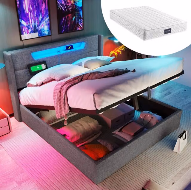 Letto matrimoniale 140x200 cm con contenitore; LED; USB e Type-C; in lino grigio