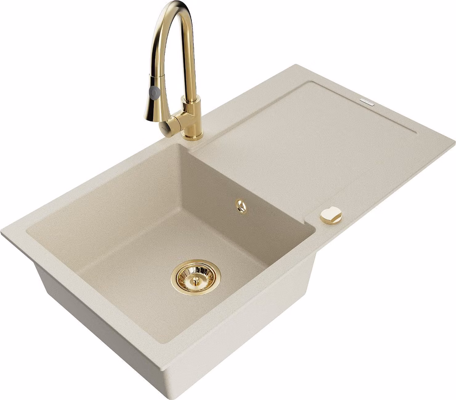 Mexen Leo lavello in granito monovasca con scolapiatti e rubinetto da cucina Elia, beige - 6501-69-670101-50