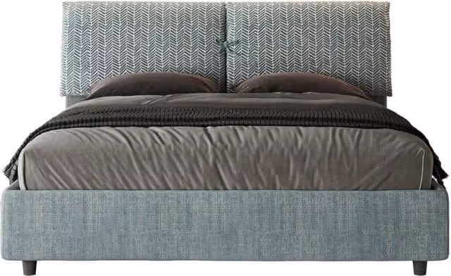 Letto Matrimoniale Mados con Contenitore e Rete con Alzata, Imbottito in Tessuto Blu con Testata Geometrica, L/P/H: 160 x 190 x 110 cm