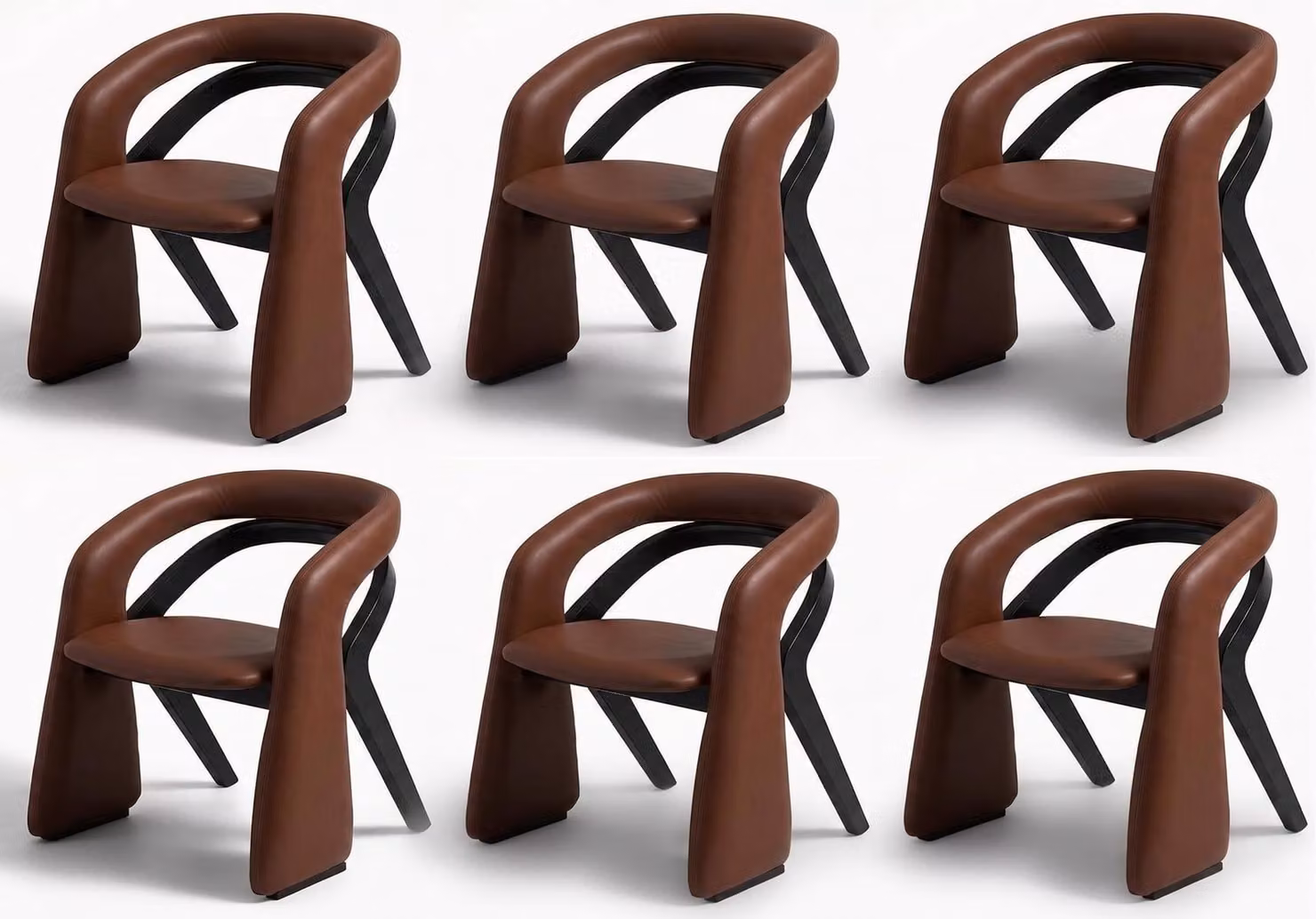 Gruppo di sedie, colore marrone, con struttura in legno, imbottitura in pelle, design moderno ed elegante, dal forte impatto visivo