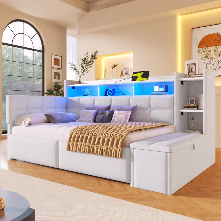 MODFU daybed divano letto 90×190 letto per giovani con connessioni USB e tipo C, con panca e vano portaoggetti, daybed con striscia luminosa a LED e cassetti, bianco (senza materasso)