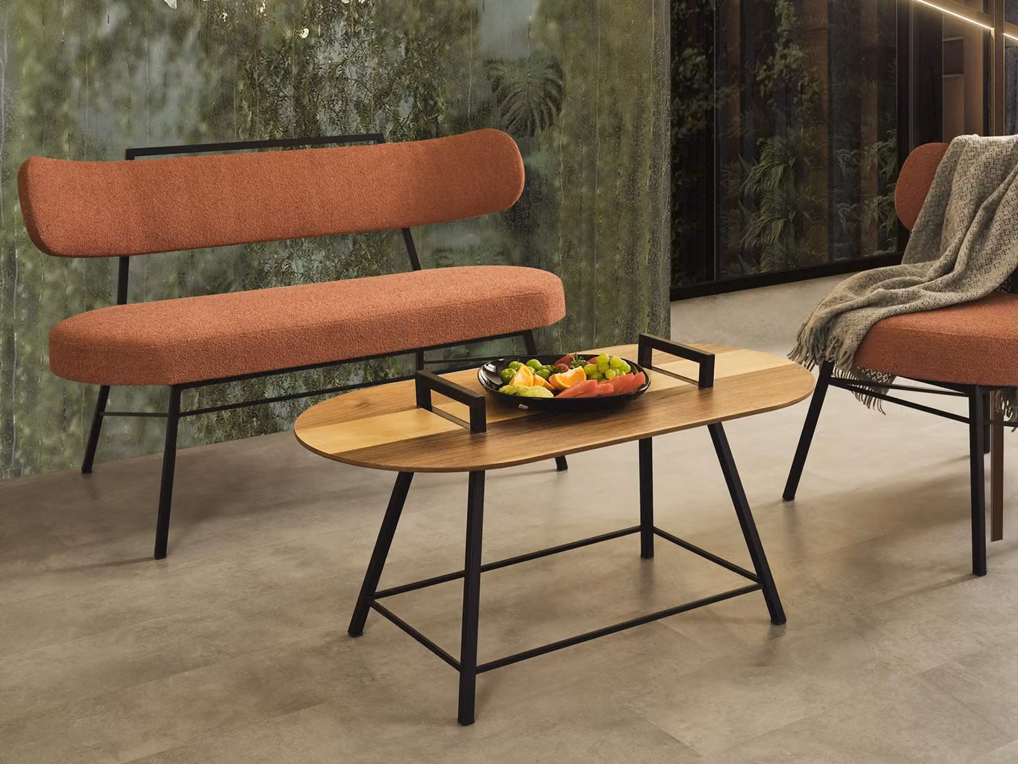 Bank Wohnzimmer Sitzbank Gepolsterte Sitzmöbel Stoff Textil Couchtisch