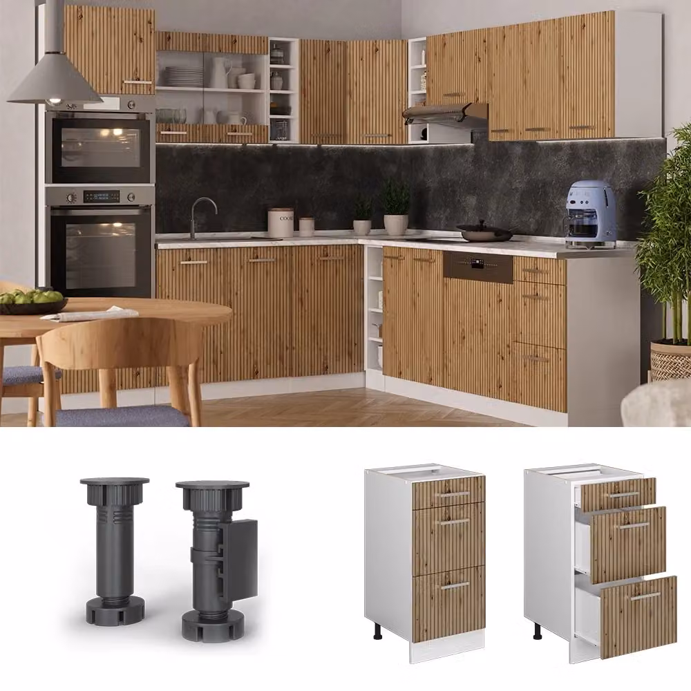 Mobiletto base per cucina Vicco R-Line con cassetti, finitura Rovere e Bianco, L: 40 cm – 2