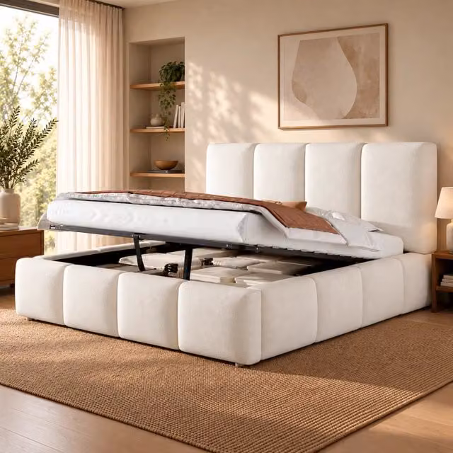 Letto matrimoniale contenitore idraulico 180x200 cm con rete a doghe; bouclé bianco