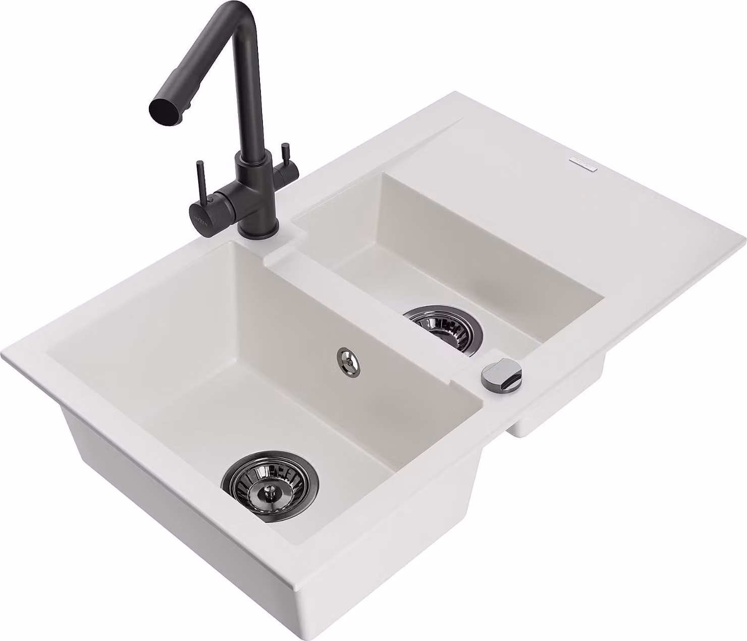 Mexen Gaspar lavello in granito 1,5 vasche con sgocciolatoio e miscelatore da cucina Duero, bianco - 6507-20-671600-70
