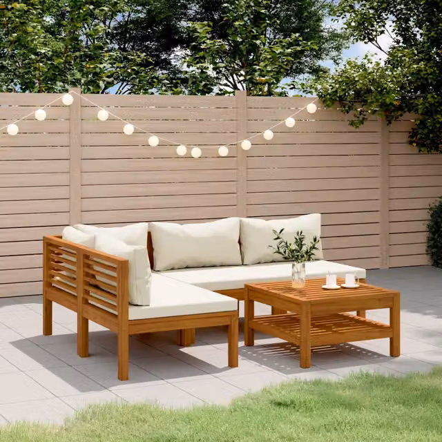 Set Divani da Giardino 5 pz con Cuscini Crema in Legno Acacia 3086951