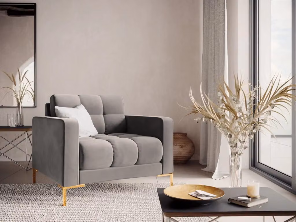 Poltrona Bali Cosmopolitan Design in velluto grigio chiaro con struttura in metallo e braccioli – 2