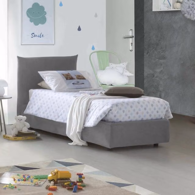 Letto singolo contenitore Ippolito di Talamo Italia con rivestimento in tessuto grigio, apertura frontale, adatto per materasso 80x190 cm