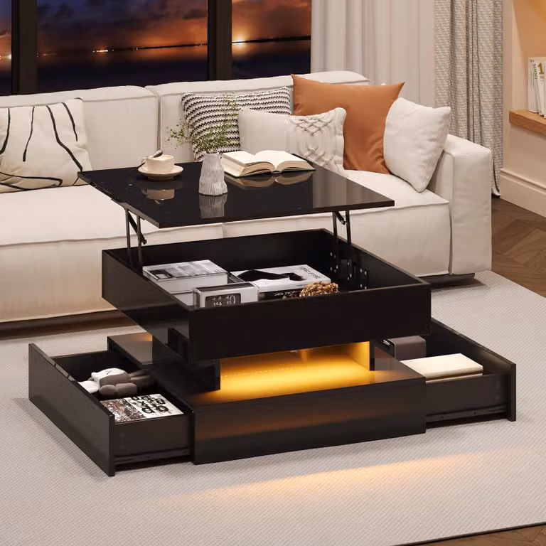 Tavolino da salotto ribaltabile, 65 x 65 x 38,5 cm, con striscia luminosa a LED, tavolino da divano con 2 cassetti, tavolino da caffè dal design geometrico