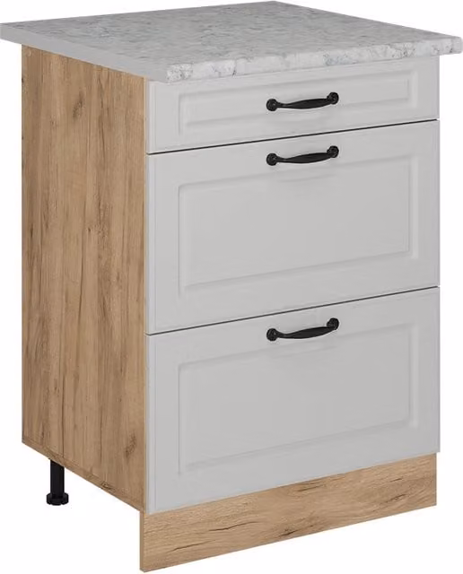 Mobiletto base per cucina R-Line Bianco rustico/Rovere dorato 60 cm con cassetti, marmo AP Vicco