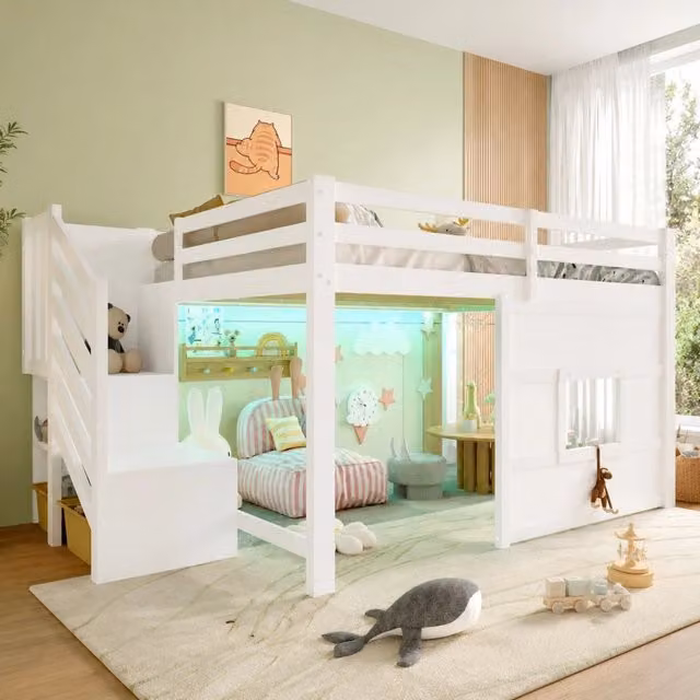 Letto a soppalco 140x200 cm con scala contenitore; finestra e LED; bianco