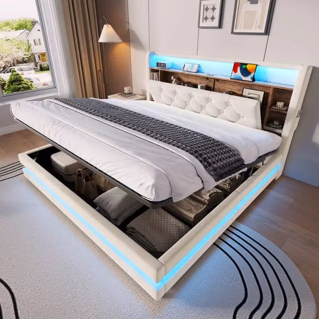 Letto imbottito 160 x 200 cm con contenitore, testiera multifunzionale in velluto, LED, 2 USB e Type-C, rete a doghe e mensole, Beige