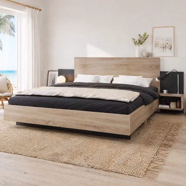 Letto matrimoniale 160 × 200 cm con rete a doghe e 2 comodini in legno sonoma e grigio scuro