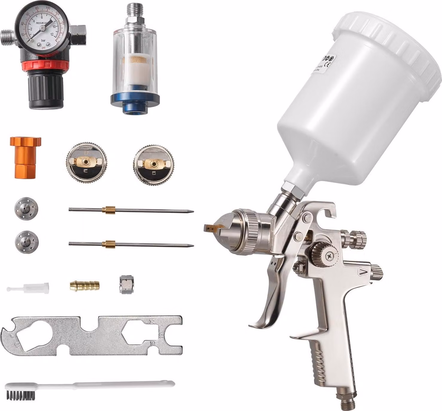Pistola a spruzzo LVLP - set di pistole a spruzzo con tazza a gravità - 3 ugelli da 1,3/1,4/1,7 mm - tazza da 600 ml - regolatore d'aria - per vernice per auto e mobili