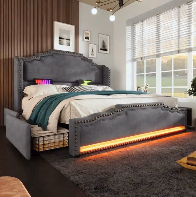 Letto matrimoniale ULEVR 160x200 cm con 4 cassetti, LED, USB e Type-C, velluto grigio