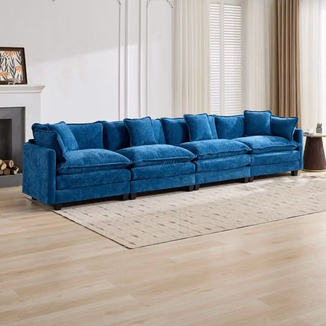 Divano modulare 4 posti con cuscini ergonomici e seduta imbottita in tessuto chenille blu 75 × 380 × 84 cm