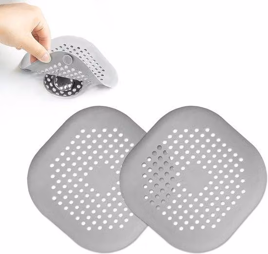 Set da 2 tappi di scarico in silicone, filtro per scarico, protezione per doccia, copertura per filtro di scarico con 4 morsetti, filtro per scarico per vasca da bagno, bagno, cucina, lavello e lavandino (grigio, set da 2)