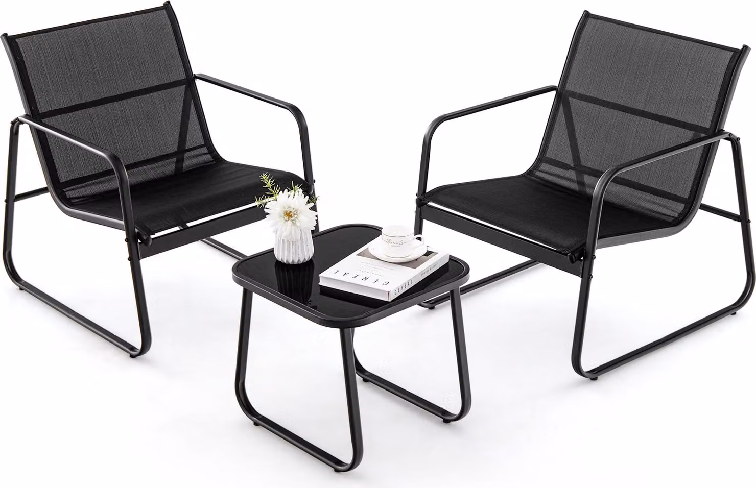 COSTWAY Set di mobili da giardino a 3 pezzi, set da balcone, tavolo e 2 sedie, tessuto traspirante, gruppo di sedute da giardino