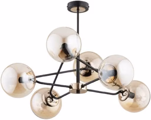 Plafoniera SAGITO Alfa in metallo e vetro nero e ottone con 6 sfere in vetro trasparente per lampadine E14