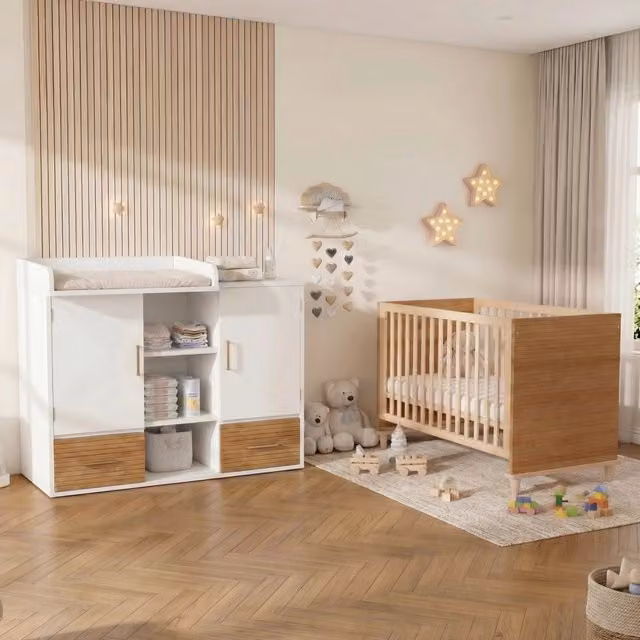 Desviae Fasciatoio con lettino a sbarre in legno e MDF naturale e bianco per cameretta