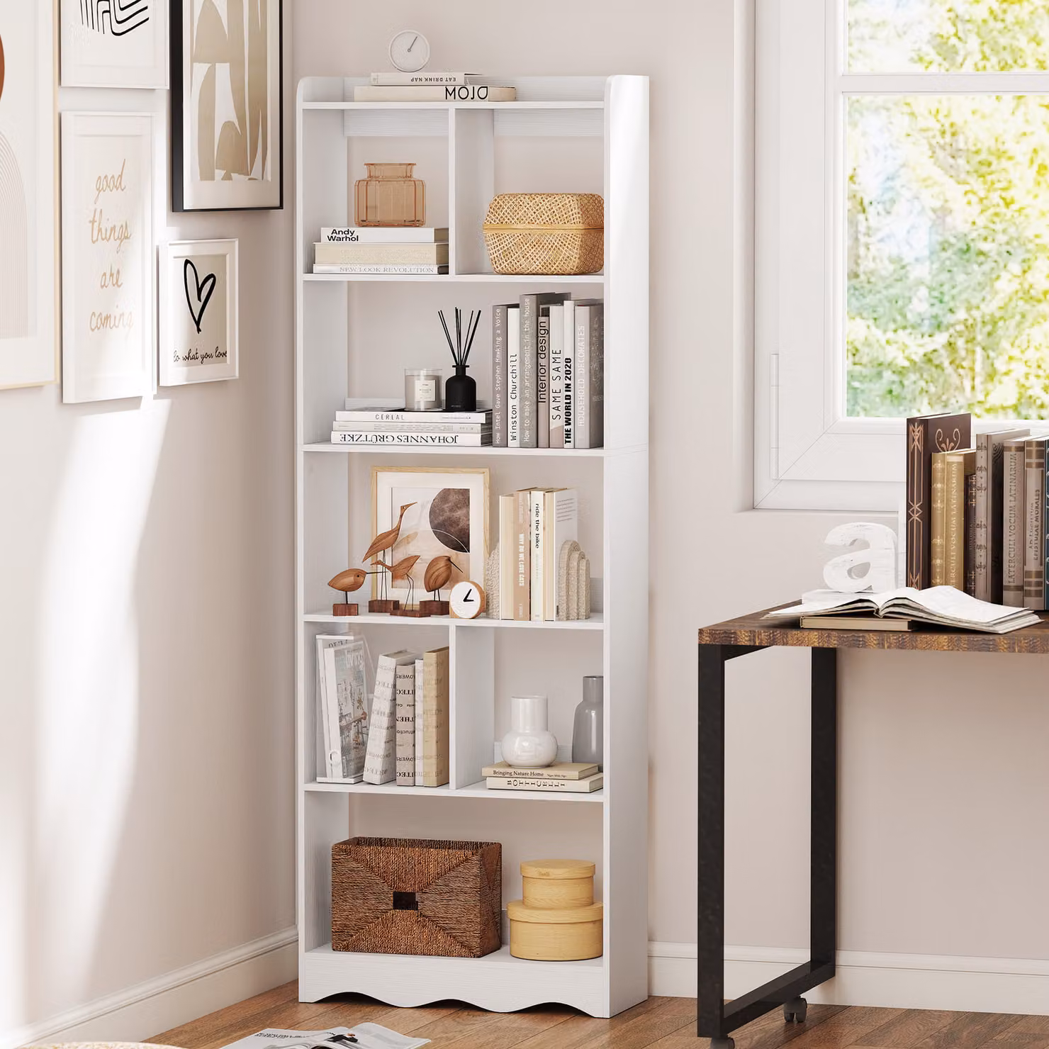 Libreria HOMCOM con 6 Mensole Aperte in Stile Scandinavo, Bianca – 2