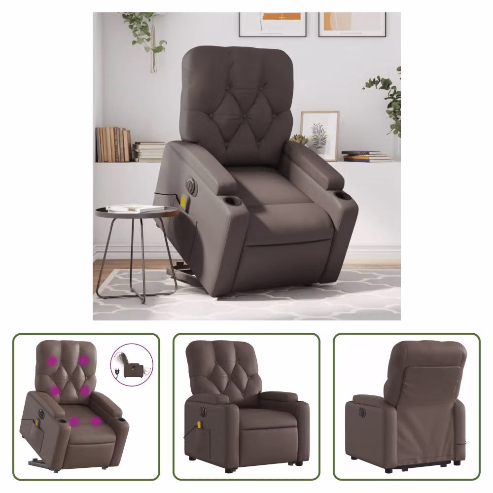 The Living Store Sedia massaggiante con supporto in piedi elettrica in ecopelle marrone