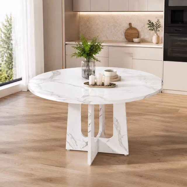 Tavolo da pranzo rotondo Ø 120 cm in MDF effetto marmo bianco, 4-6 posti